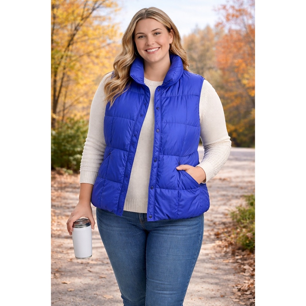 Lands End Royal Blue GooseDown Puffer Vest Women Size L 14-16 Quilted Snap Front